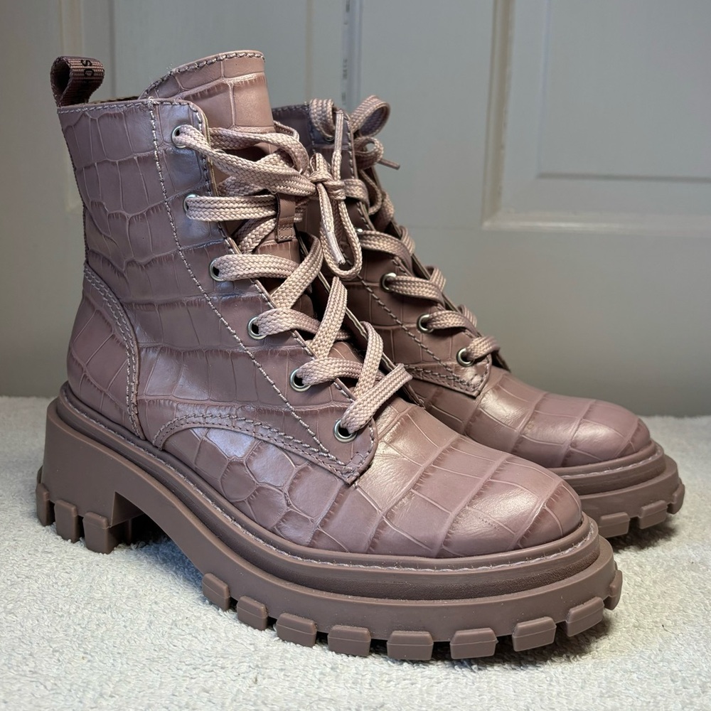 SCHUTZ Orly Boot Lug  Combat Boots Croc Embossed Leather Sweet Lilac 6.5 NWOB